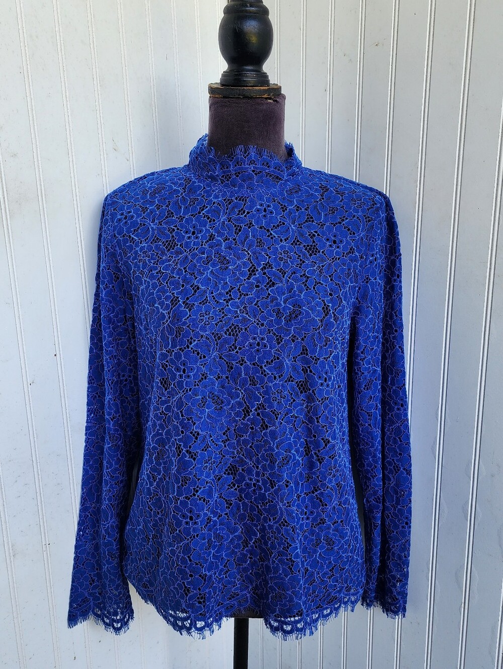 J. Crew Cobalt Blue Lace Long Sleeve Top Scalloped Neck Sheer sz 4